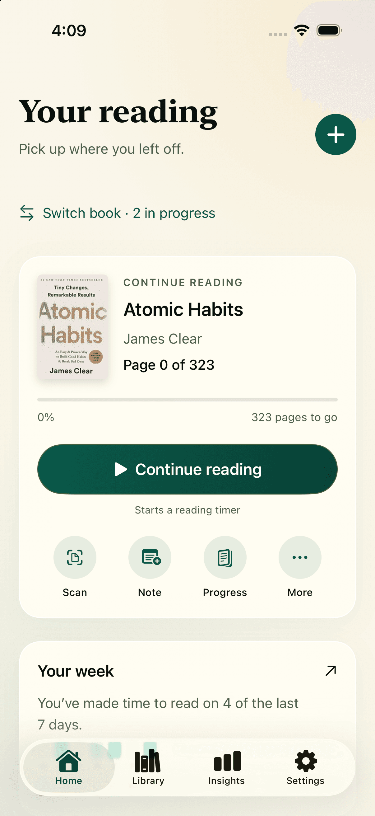 Booklume home screen showing Atomic Habits and reading progress