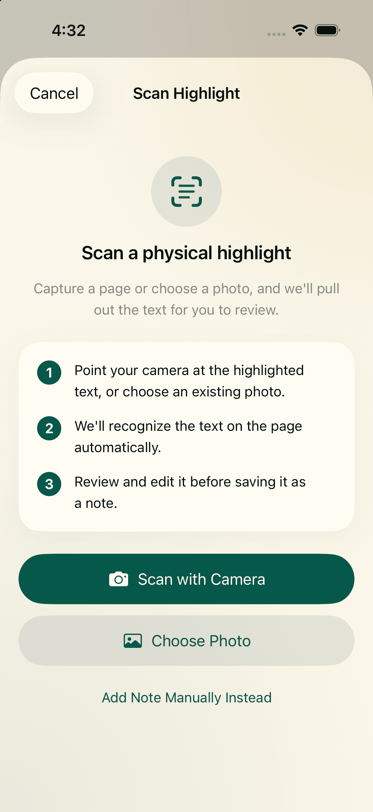 Booklume Scan Highlight screen with camera and photo options